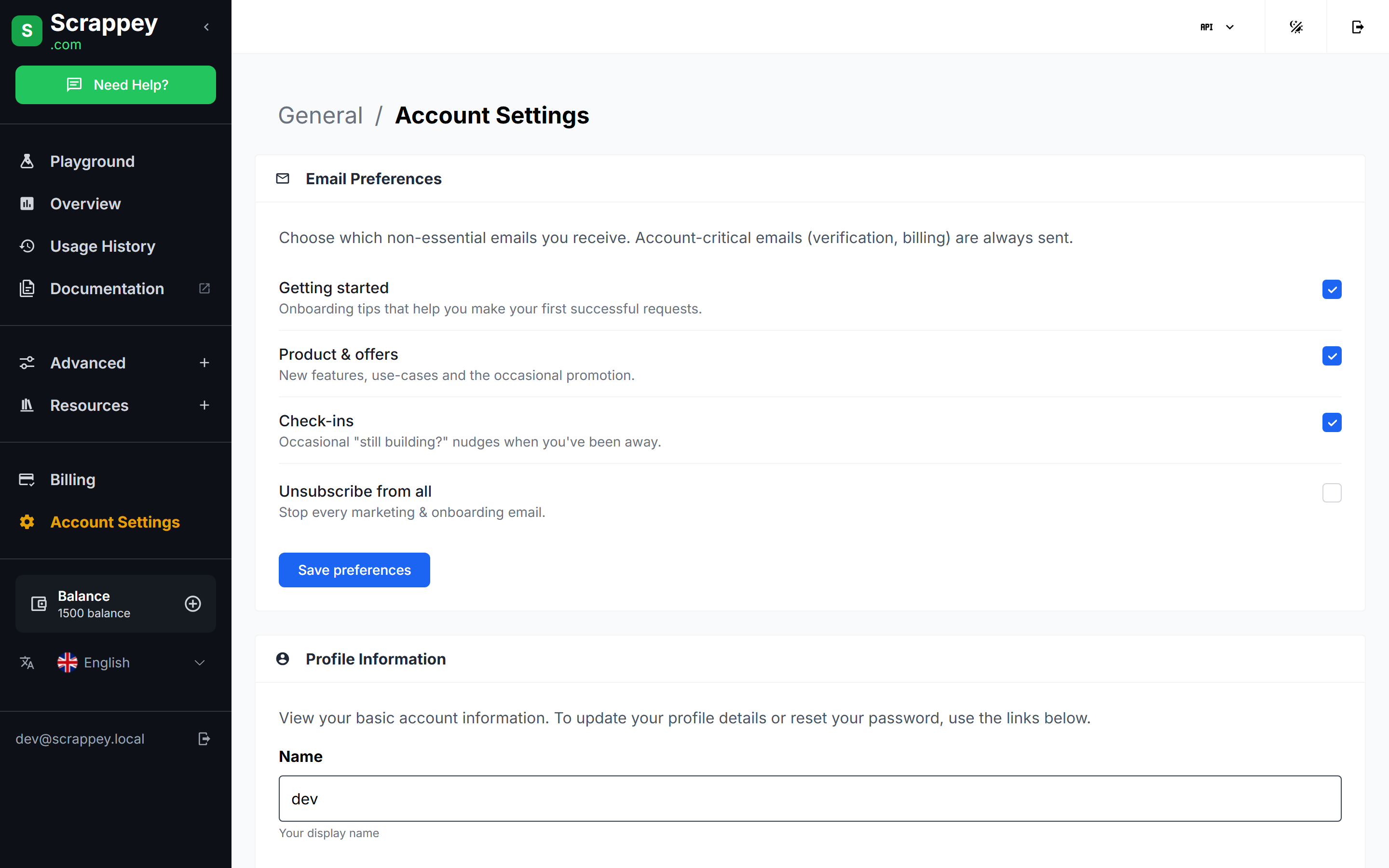 Account Settings, showing Email Preferences toggles and the Profile Information section