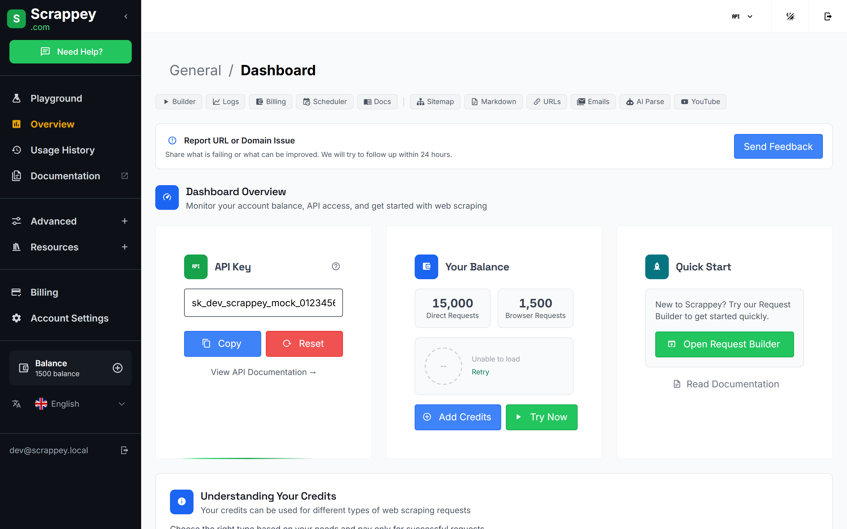 The Scrappey dashboard Overview page, with the API Key card on the left showing a Copy button, the balance in the middle, and Quick Start on the right