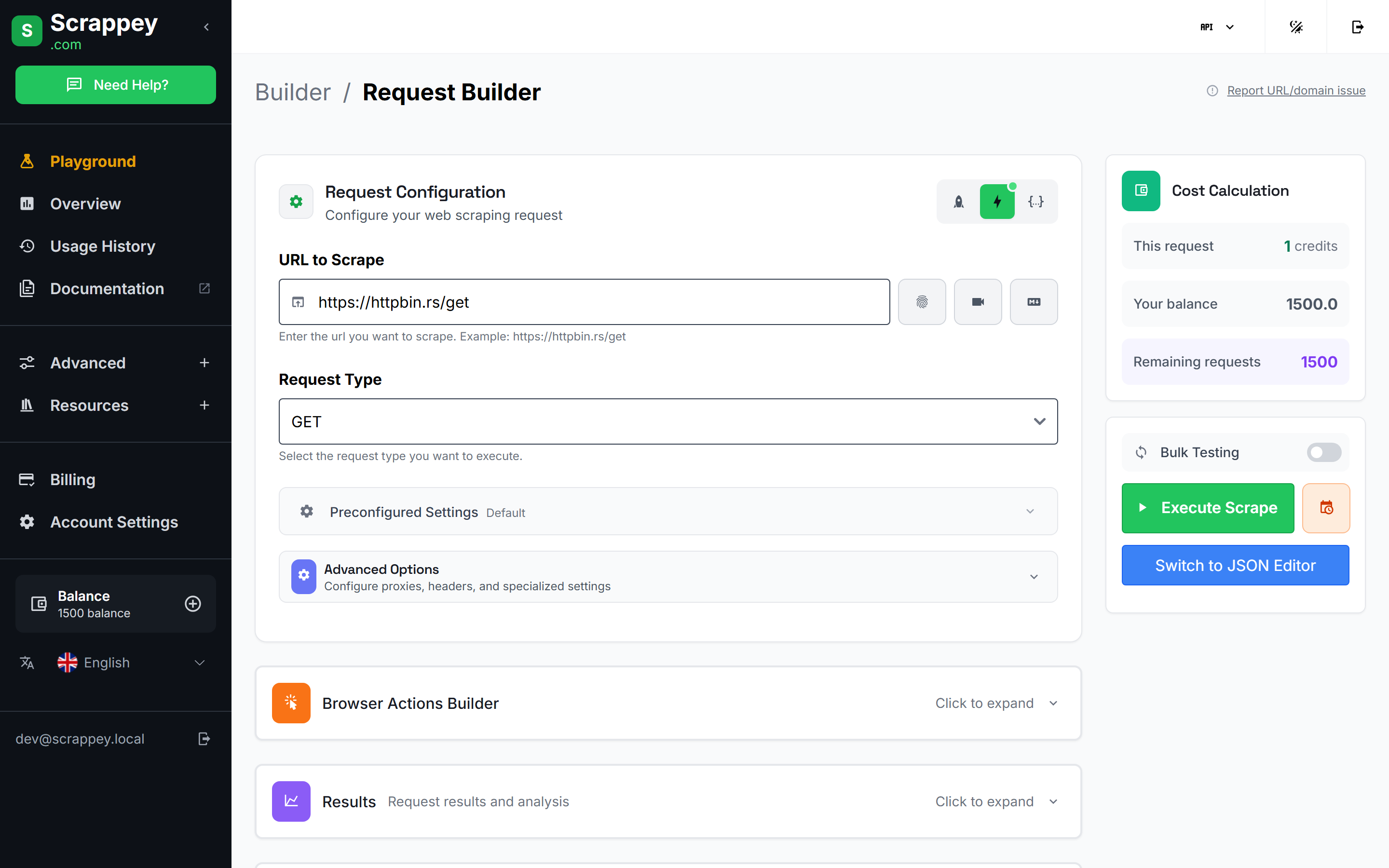 The Request Builder, showing the URL to Scrape field, a Request Type dropdown set to GET, and a Cost Calculation panel on the right